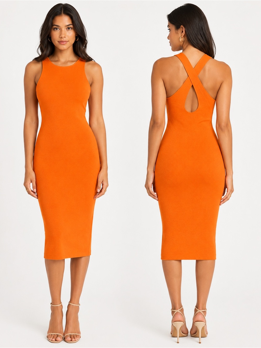 House of Harlow 1960 Orange Knit Bodycon Midi Dress Cross Back Size M